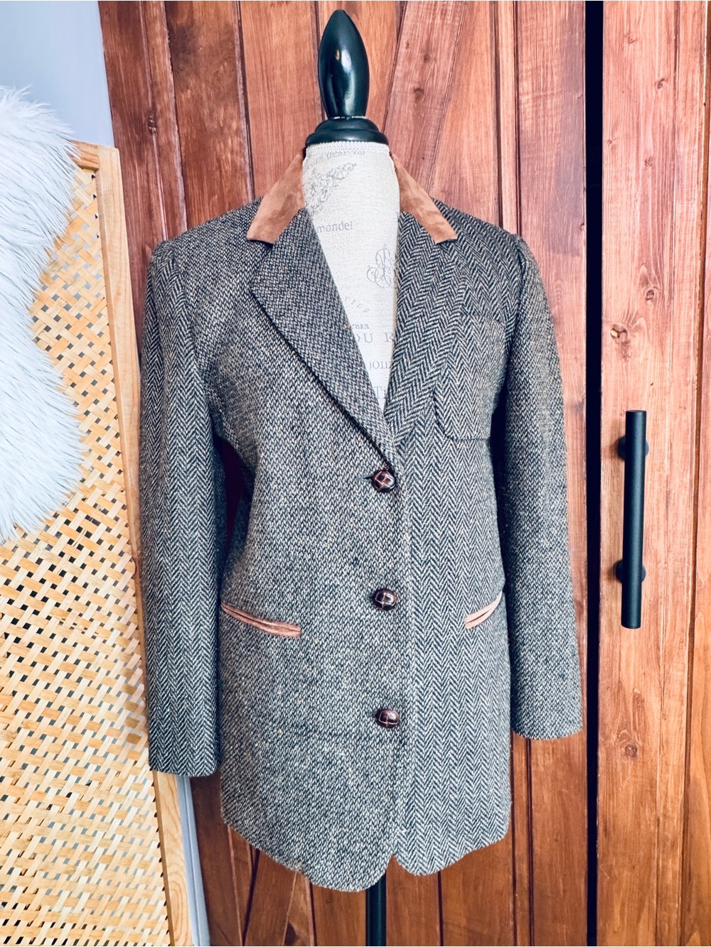 The Limited 90’s Vintage Herringbone Blazer Coat with Suede Trim - Gray & Brown